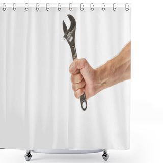Personality  Partial View Of Man Holding Monkey Wrench Isolated On White Shower Curtains