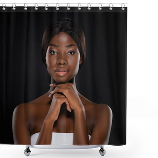 Personality  African American Woman With Hands Under Chin Looking At Camera Isolated On Black Shower Curtains