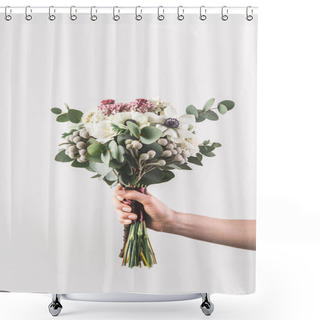 Personality  Cropped Shot Of Woman Holding Beautiful Bridal Bouquet Isolated On Grey Shower Curtains