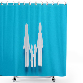 Personality  Panoramic Shot Of Paper Cut Family Holding Hands On Blue Background Shower Curtains