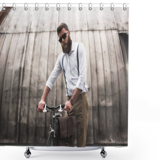 Personality  Stylish Man Standing With Bicycle Shower Curtains