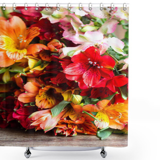 Personality  Alstroemeria Flowers Background. Alstroemeria (Peruvian Lily, Lily Of The Incas). Flowers Alstroemeria. Bouquet Of Alstroemeria Flowers (orange, Pink, Purple, Red) On Wooded Background Shower Curtains