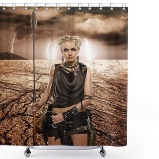 Personality  Woman With A Spear In A Desert Shower Curtains