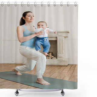 Personality  Mother With Baby Boy Practicing Yoga  Shower Curtains