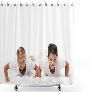 Personality  Two Cheerful Brothers Doing Push Ups On Bedding And Looking At Camera Isolated On White Shower Curtains