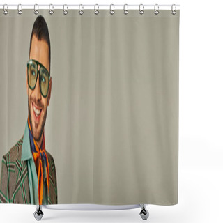 Personality  Portrait Of Happy Retro Style Man In Plaid Jacket And Neckerchief With Sunglasses On Grey, Banner Shower Curtains