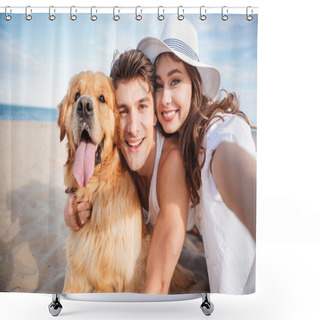 Personality  Happy Couple Hugging Their Dog And Smiling On The Beach Shower Curtains