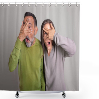 Personality  Shocked Frightened Old European Man And Woman With Open Mouth Covers Eyes With Hands On Gray Studio Background, Ad And Offer. Fear, Scare, People Emotions And Facial Expression Shower Curtains
