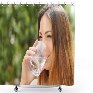Personality  Happy Woman Drinking Water From A Glass Outdoor Shower Curtains