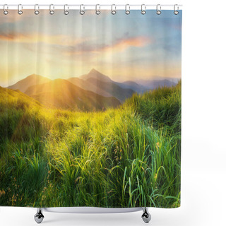 Personality  Mountain Valley During Sunset. Field With Fresh Grass And The Mountain Hills. Natural Landscape At The Summer Time Shower Curtains