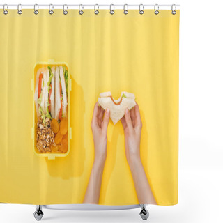 Personality  Cropped View Of Woman Hold Sandwich Near Lunch Box With Nuts, Dried Apricots And Snacks Shower Curtains