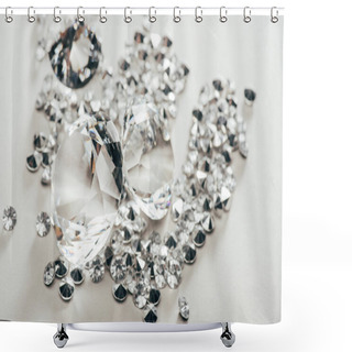 Personality  Selective Focus Of Transparent Pure Big Diamonds Among Small On White Background Shower Curtains