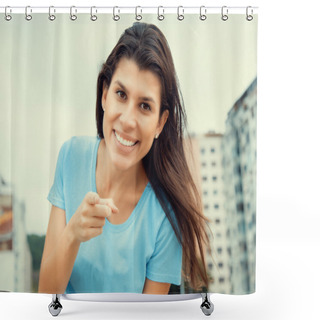 Personality  Woman In A Blue Shirt Pointing At Camera In Cool Cinema Look Shower Curtains