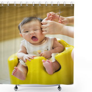 Personality  6 Month Old Asian Baby Girl Having A Haircut Shower Curtains