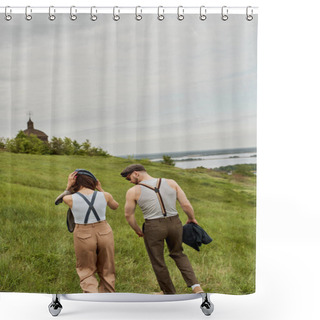 Personality  Fashionable Romantic Couple In Vintage Outfits, Newsboy Caps And Suspenders Walking Together On Grassy Hill With Cloudy Sky At Background, Stylish Partners In Rural Escape, Romantic Getaway Shower Curtains
