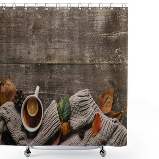 Personality  Flat Lay With Grey Sweater, Fallen Leaves And Cup Of Tea On Wooden Tabletop Shower Curtains
