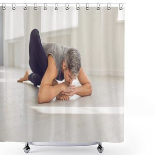 Personality  Yoga Man. A Man Is Practicing Yoga Balance In A Gray Room. Shower Curtains