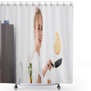 Personality  Website Header Of Young Blonde Woman Preparing Pancakes For Breakfast Shower Curtains