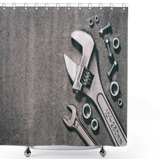 Personality  Top View Of Monkey Wrench, Wrench And Nuts On Grey Surface Shower Curtains