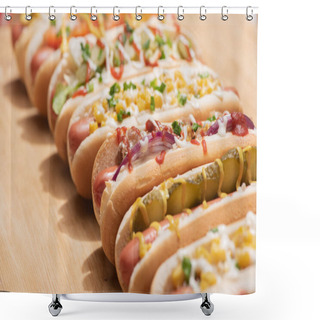 Personality  Selective Focus Of Fresh Various Delicious Hot Dogs With Vegetables And Sauces On Wooden Table Shower Curtains