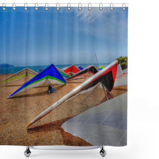 Personality  Colorful Hang Gliding Wings Lined Up On Top Of A Cliff At Fort Funston In San Francisco, One Of The Premier Hang-gliding Spots In The Country Shower Curtains
