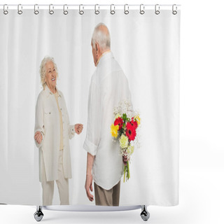 Personality  Elderly Man Hiding Bouquet Of Flowers Behind Back Near Wife With Outstretched Hands On White Shower Curtains