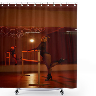 Personality  Woman In A Leotard And Tights Perfects Her Choreography On A Bar, Fluid Movements Shower Curtains