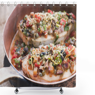 Personality  Baked Sicilian Swordfish In A Copper Pan Shower Curtains