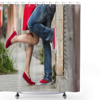 Personality  Young Couple Kissing Outdoor. Male And Female Legs  Shower Curtains