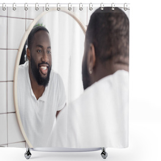 Personality  Smiling Afro-american Man Looking In Mirror Shower Curtains