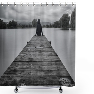 Personality  Man Sit On Wooden Pier Shower Curtains
