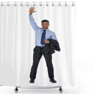 Personality  Portrait Of Businessman With Hand Raised Shower Curtains