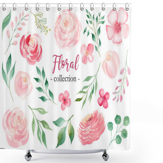 Personality  Roses And Laurel Branches Hand Drawn Watercolor Raster Set Shower Curtains