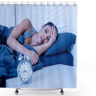 Personality  Young Beautiful Hispanic Woman At Home Bedroom Lying In Bed Late At Night Trying To Sleep Suffering Insomnia Sleeping Disorder Or Scared On Nightmares Looking Sad Worried In Mental Health Concept Shower Curtains