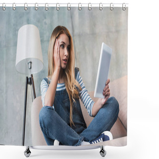 Personality  Emotional Beautiful Woman Looking At Digital Tablet In Room Shower Curtains