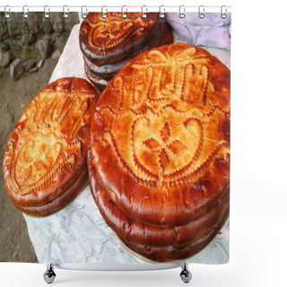 Personality  Stack Of Freshly Made Gata, Traditional Armenian Sweet Breads For Sale At Geghard Monastery, Armenia Shower Curtains