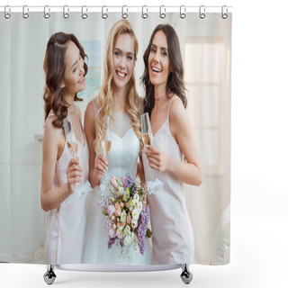 Personality  Bride With Bridesmaids Drinking Champagne Shower Curtains