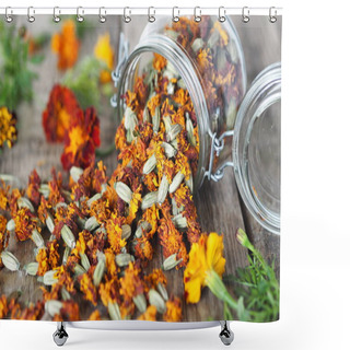 Personality  Folk Medicine. Dried Red Flowers Of Marigold-marigolds On A Wooden Background In A Glass Jar For Storage. The Benefits Of Medicinal Herbs. Shower Curtains