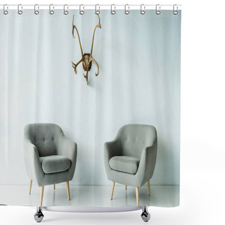 Personality  Gray Armchairs And Antlers On Wall Shower Curtains