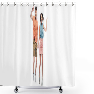 Personality  Panoramic Shot Of Happy Man And Woman Holding Hands And Jumping While Showing Triumph Gestures Isolated On White Shower Curtains