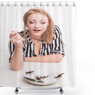 Personality  Woman Eating Insects With Shower Curtains