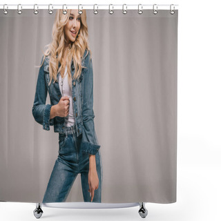Personality  Attractive Blonde Woman In Denim Jacket And Jeans Smiling And Looking Away  Shower Curtains