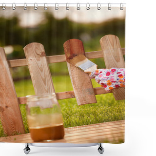 Personality  Applying Protective Varnish To A Wooden Fence Shower Curtains