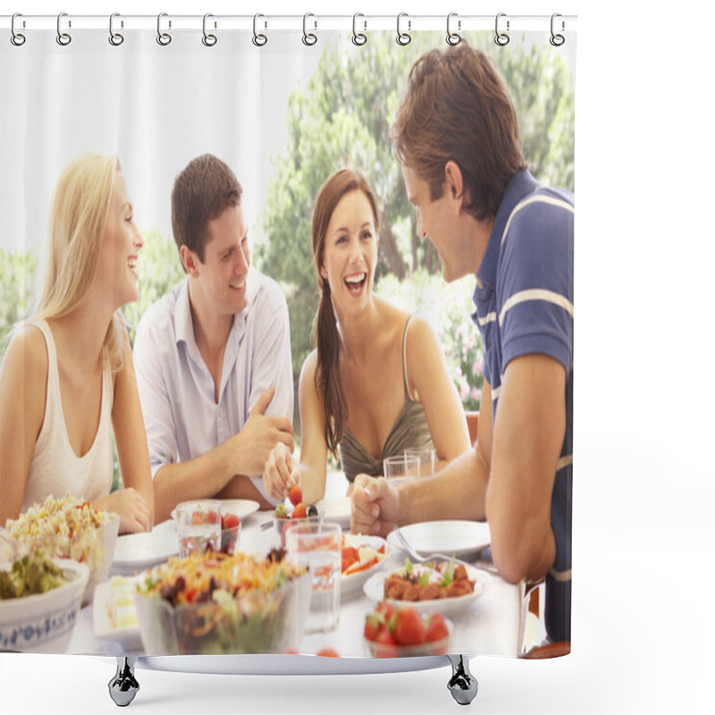 Personality  Two young couples eating outdoors shower curtains