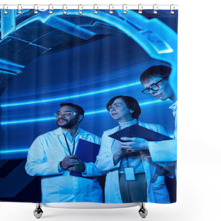 Personality  Futuristic Research, Multiethnic Scientists Examining Experimental Device In Innovation Hub Shower Curtains