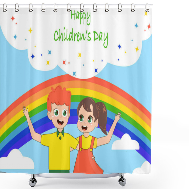 Personality  Illustration Of Happy Boy And Girl Near Rainbow And Happy Childrens Day Lettering  Shower Curtains