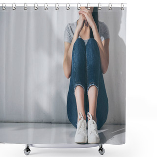 Personality  Cropped Shot Of Depressed Young Woman Sitting On Floor Near Grey Wall Shower Curtains