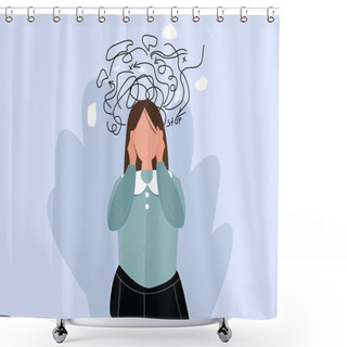 Personality  Woman Headache Or Anxiety Attack Crisis.Frustrated Woman With Nervous Problems.Feeling Confused.Anxiety Of Depressed Woman Vector Concept.Deep In Thought.Head Touching.vector Illustration. Shower Curtains