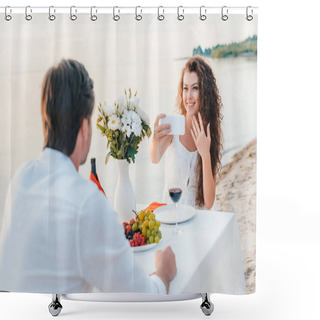 Personality  Happy Woman Taking Selfie With Proposal Ring On Finger Shower Curtains