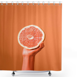 Personality  Cropped View Of Coral Colored Female Hand With Grapefruit Half On Coral Background, Color Of 2019 Concept Shower Curtains
